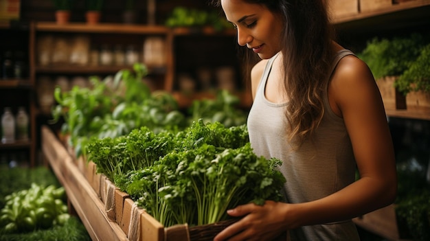 jovem mulher a comprar vegetais orgânicos num mercado