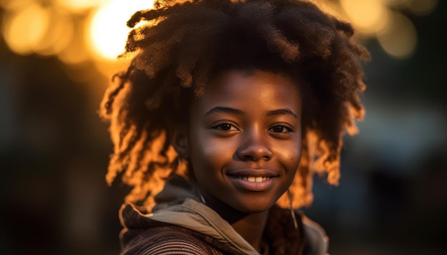 Jovem mulher africana sorrindo ao pôr do sol