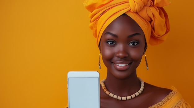 Foto jovem mulher africana tradicional segurando um smartphone gigante com uma tela branca senhora negra vestindo traje nacional estúdio de fundo laranja mockup bandeira