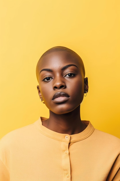 Jovem mulher afro-americana atraente com a cabeça rapada contra um fundo amarelo pastel