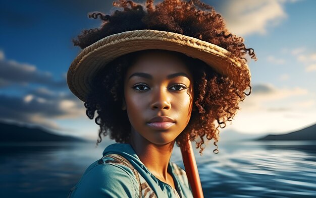 Jovem mulher afro-americana com cabelo afro está relaxando em uma prancha de surf no mar azul