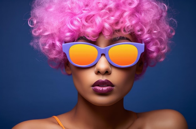 Jovem mulher afro-americana com cabelo encaracolado rosa vibrante, vestindo roupas retrô