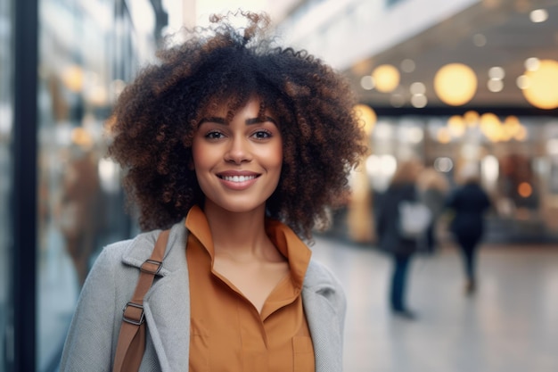 Jovem mulher afro-americana com cabelos cacheados em frente a uma loja