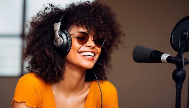 Foto jovem mulher afro-americana com fones de ouvido blogueiro gravando podcast