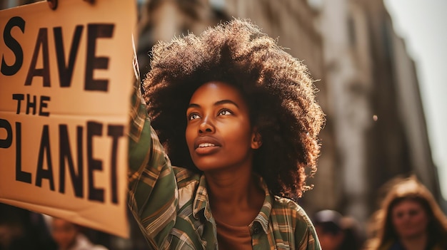 Foto jovem mulher afro-americana com penteado afro protestando pelo planeta e pelo meio ambiente