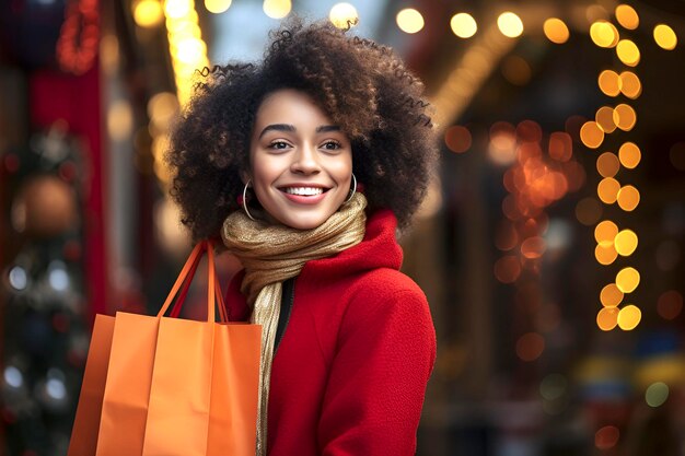 Jovem mulher afro-americana com saco de compras na rua de Natal gerada pela IA