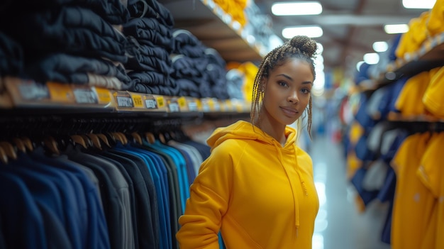 Jovem mulher afro-americana comprando roupas esportivas