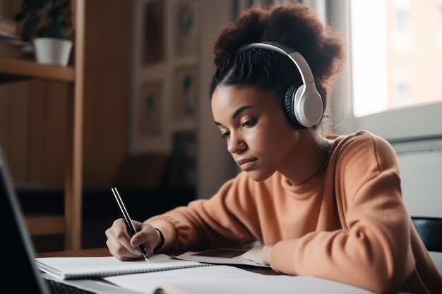 Jovem mulher afro-americana estudando online