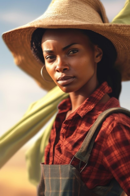 Foto jovem mulher afro-americana fazendeira usando chapéu ia generativa
