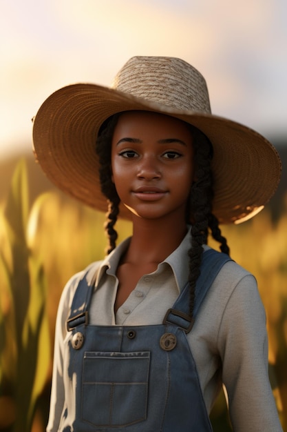 Foto jovem mulher afro-americana fazendeira usando chapéu ia generativa