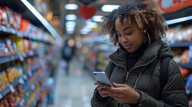 Jovem mulher afro-americana fazendo compras com carrinho de compras