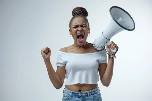 Foto jovem mulher afro-americana gritando com raiva usando megafone sobre fundo branco isolado