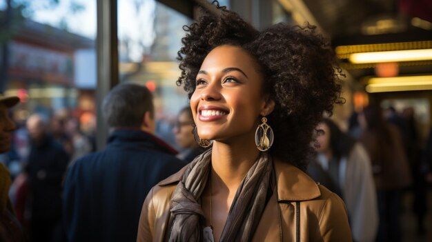 Jovem mulher afro-americana sorri da janela da esquina para a estação de metrô movimentada