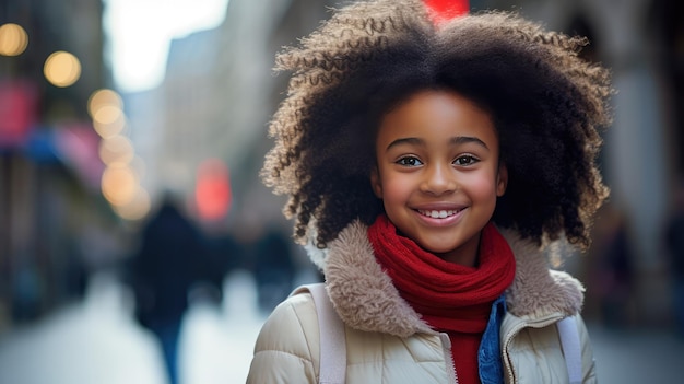 Jovem mulher afro-americana sorrindo na cidade com espaço de cópia