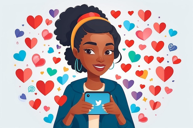 Jovem mulher afro-americana usando um smartphone com muitas mídias sociais coração como ícones