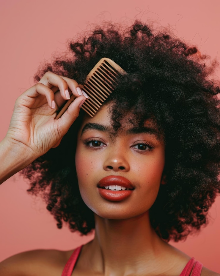 Foto jovem mulher afro segurando o pente e demonstrando o cuidado do cabelo bonito penteado com franjas isolado