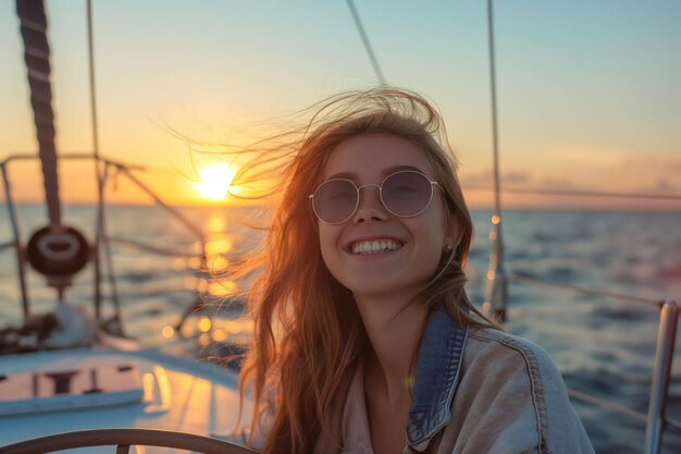 Jovem mulher alegre dirigindo um veleiro com o pôr-do-sol como pano de fundo