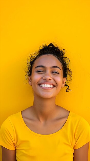 Foto jovem mulher alegre e confiante com cabelos encaracolados sorrindo brilhantemente contra um fundo amarelo vibrante