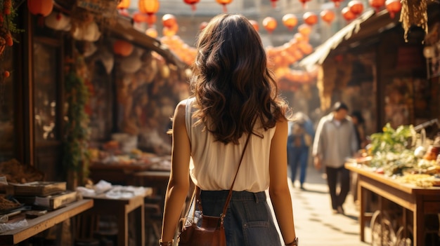 Jovem mulher asiática caminhando no mercado de rua conceito de viagens e lazer