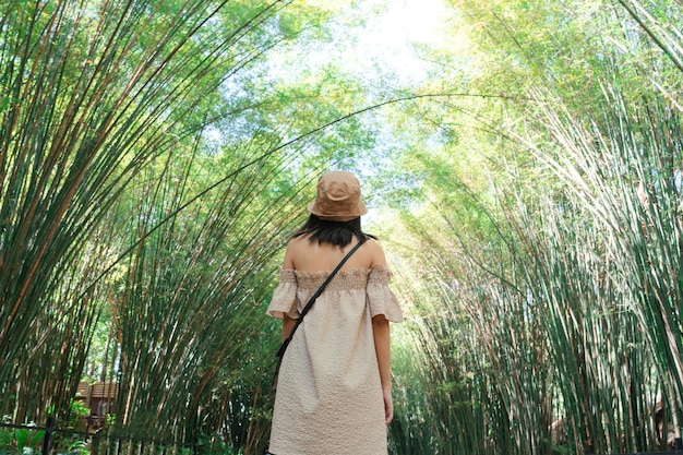 Jovem mulher asiática de pé e olhando no túnel da floresta de bambu na zona rural