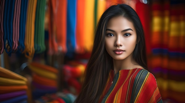 Jovem mulher asiática em um fundo multicolorido Retrato Ai Generativo