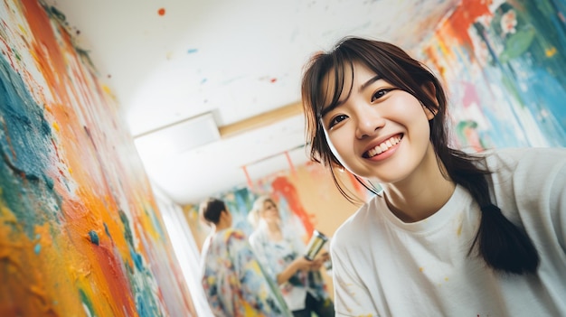 Jovem mulher asiática feliz pintando parede interior com rolo de pintura em casa nova