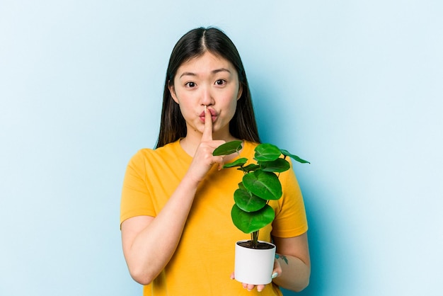 Jovem mulher asiática segurando uma planta isolada em fundo azul mantendo um segredo ou pedindo silêncio