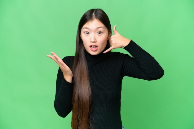 Jovem mulher asiática sobre fundo chave de croma isolado fazendo gesto de telefone e duvidando