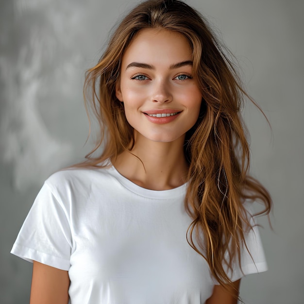Jovem mulher atraente em uma camiseta branca posando em frente a um fundo cinza