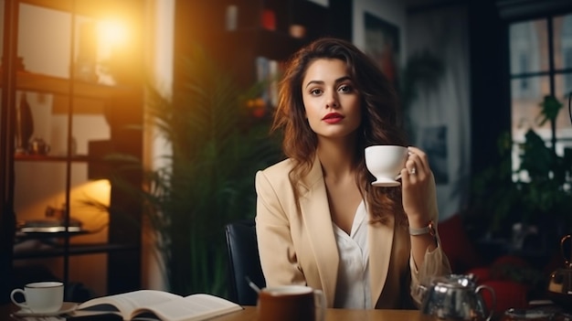 jovem mulher atraente num vestido preto e com uma chávena de café sentada numa cadeira