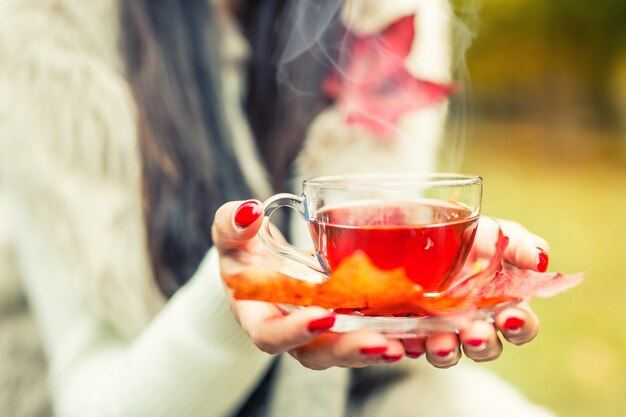 Jovem mulher atraente segurando chá vermelho quente na mão. Relaxar na natureza do outono com chá quente.