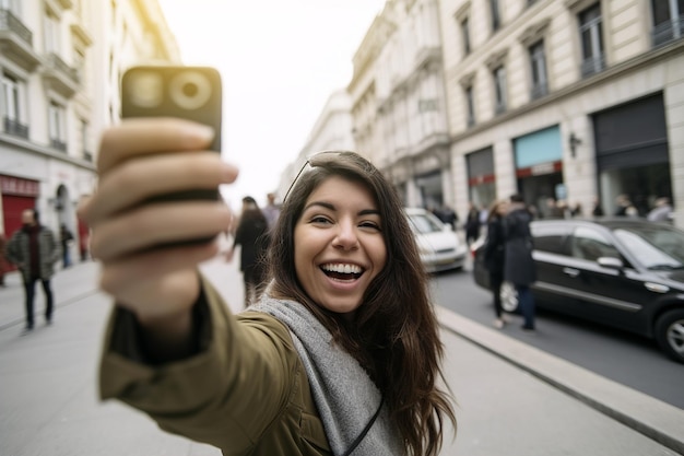 Jovem mulher atraente sorridente fazendo selfie em seu telefone na velha cidade de rua generativa ai