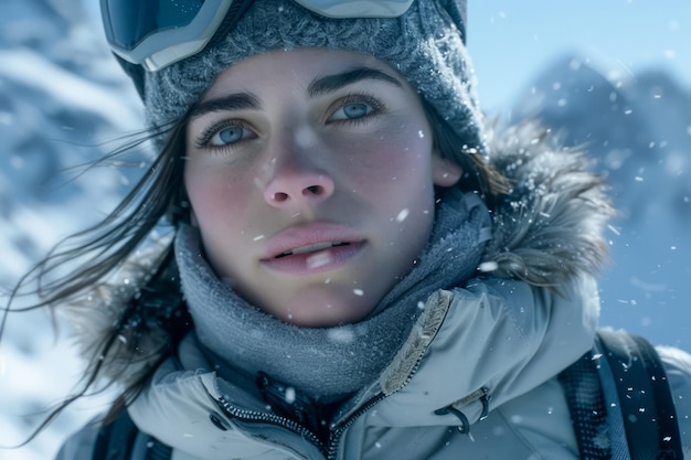 Jovem Mulher Aventureira Desafiando o Tempo de Inverno Nevado em Paisagem Montanhosa Retrato de Mulher