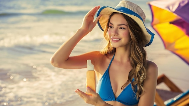Jovem mulher bonita a aplicar creme solar na praia.
