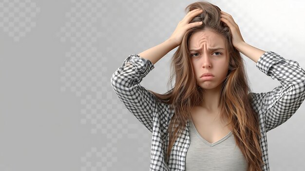 Foto jovem mulher bonita com cabelo longo vestindo uma camisa cinza olhando estressado e frustrado segurando a cabeça em suas mãos