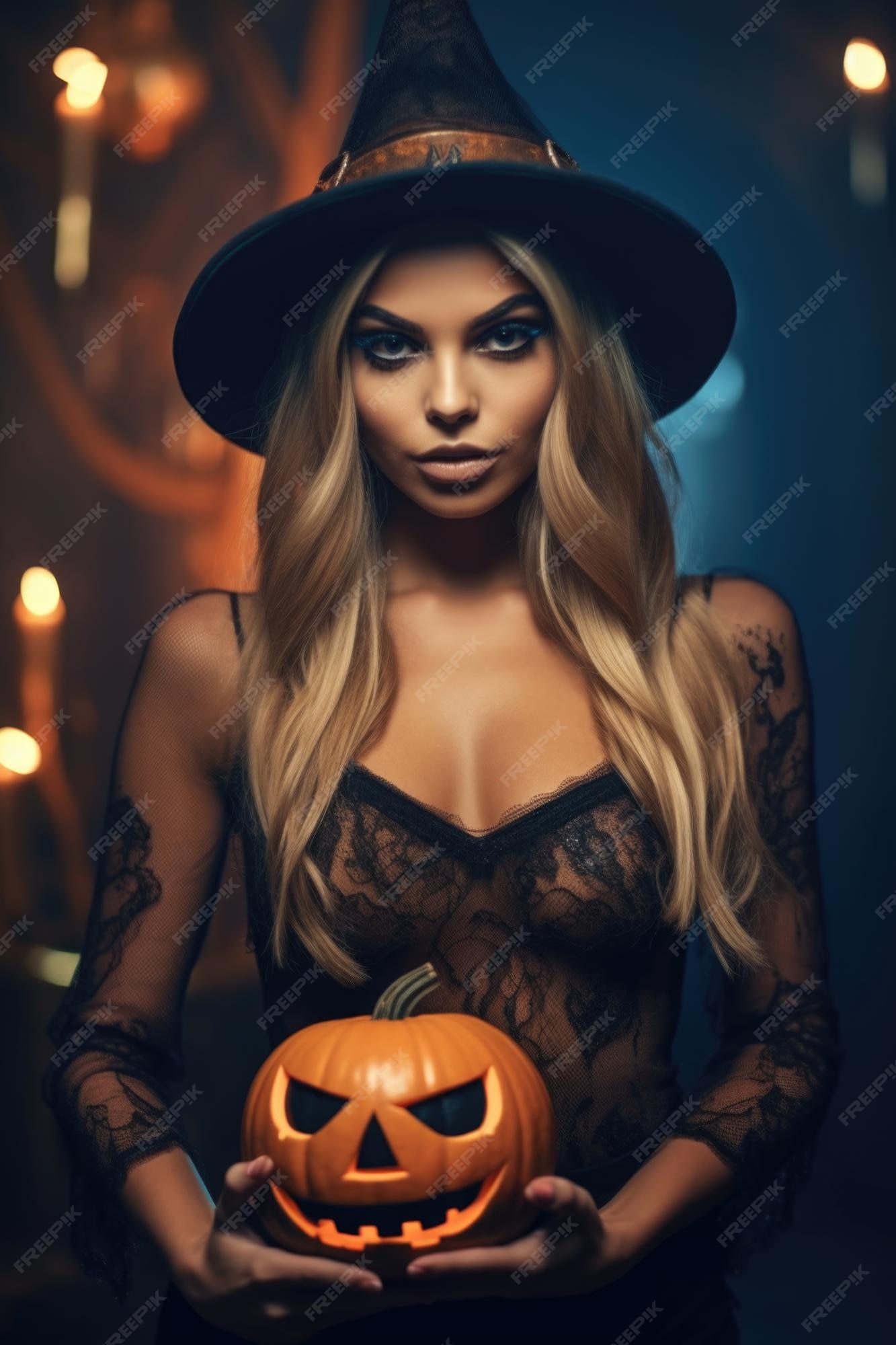 Jovem mulher bonita com maquiagem assustadora em fantasia de bruxa de  halloween usa bruxas