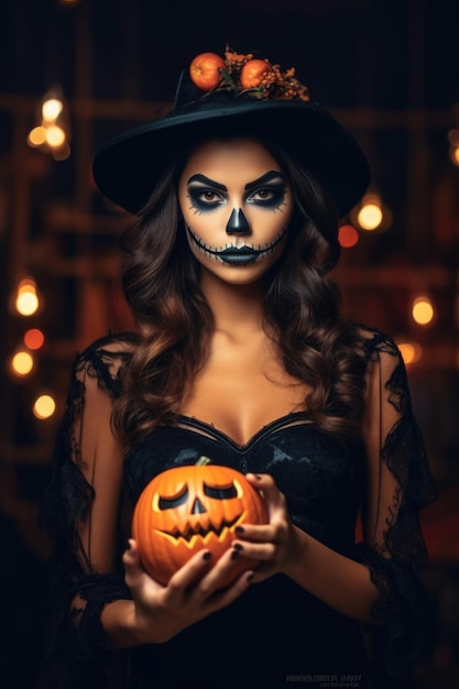 jovem mulher bonita com maquiagem assustadora em fantasia de bruxa de Halloween usa bruxas