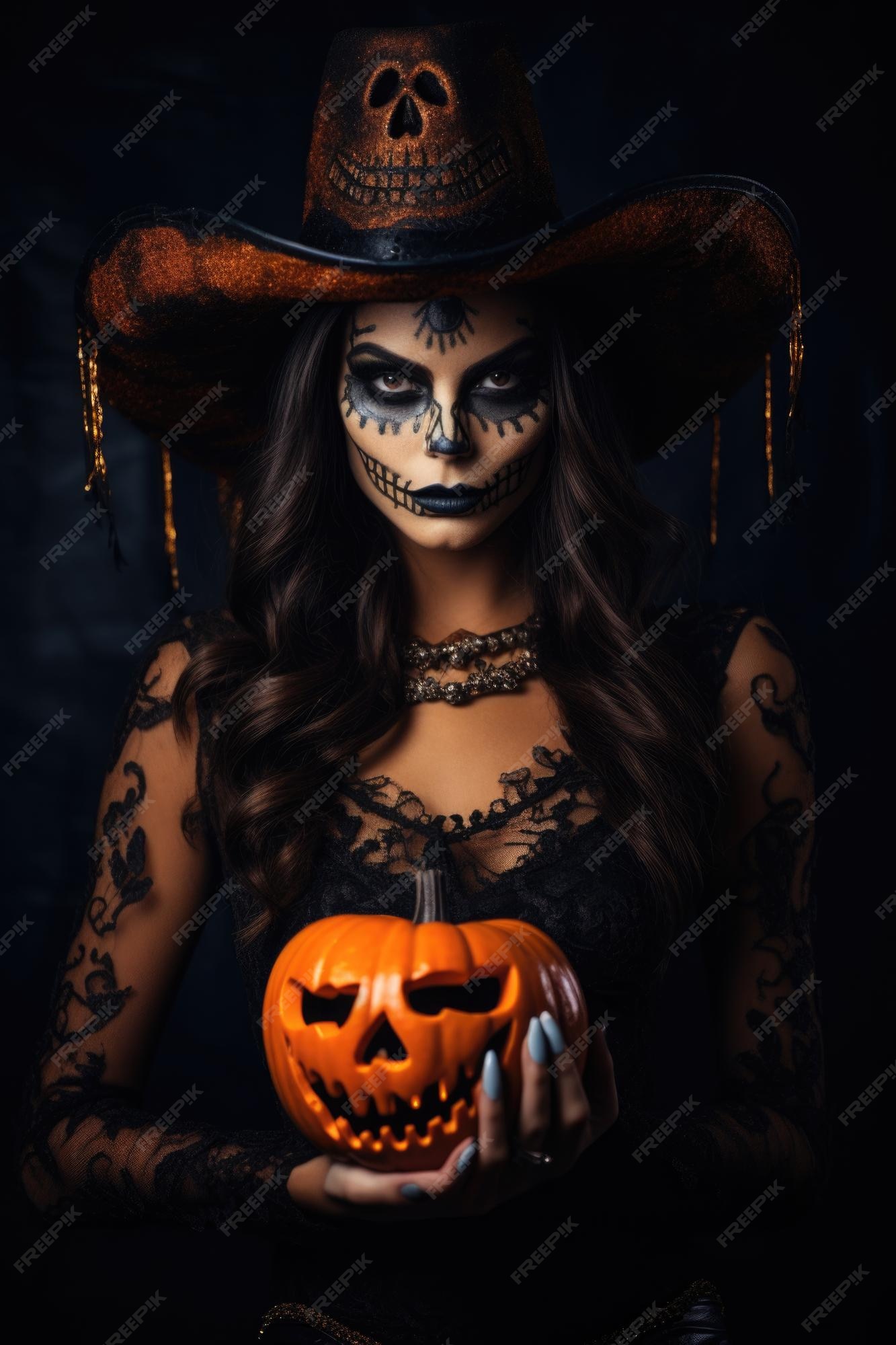 Jovem mulher bonita com maquiagem assustadora em fantasia de bruxa de  halloween usa bruxas