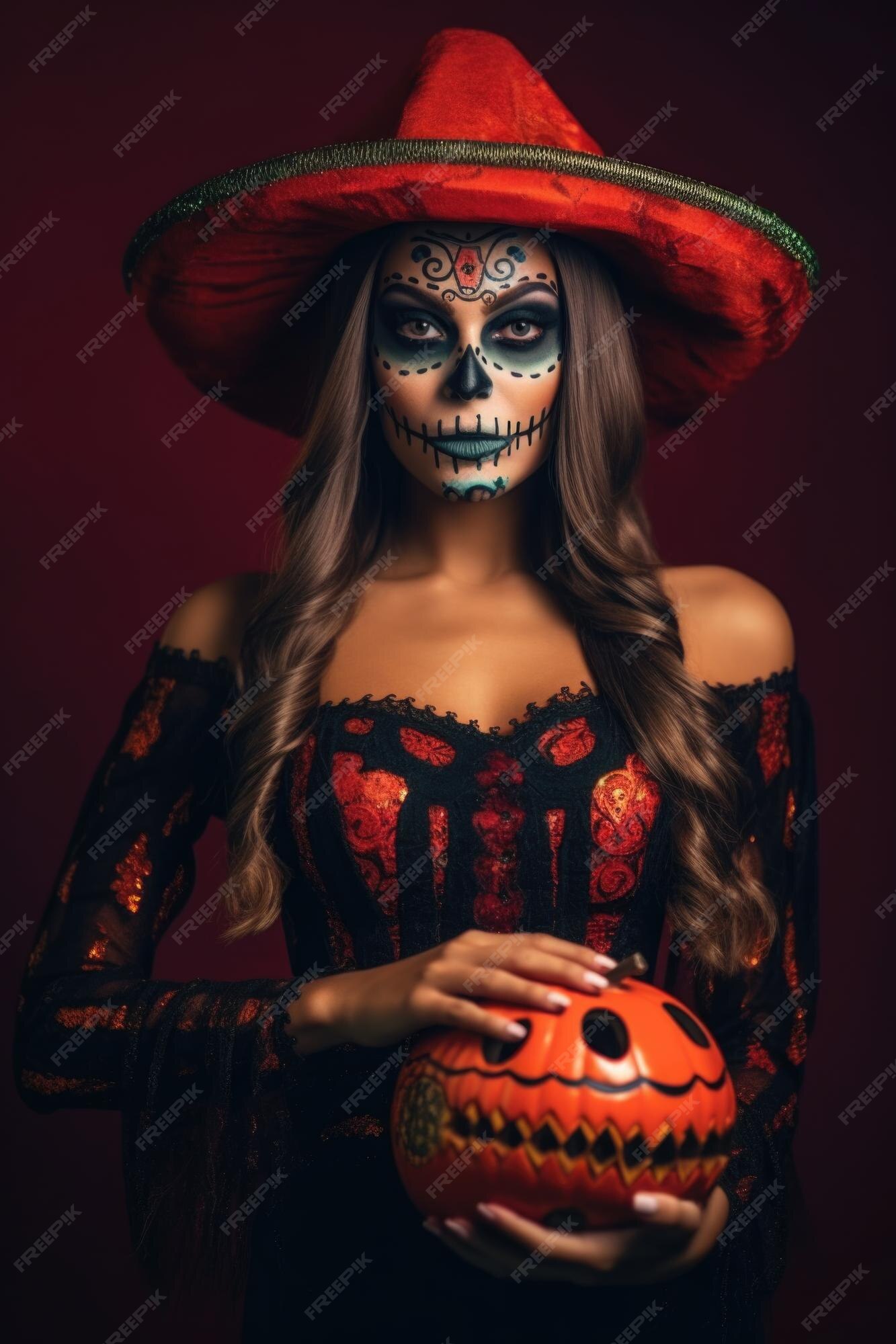 Jovem mulher bonita com maquiagem assustadora em fantasia de bruxa de  halloween usa bruxas