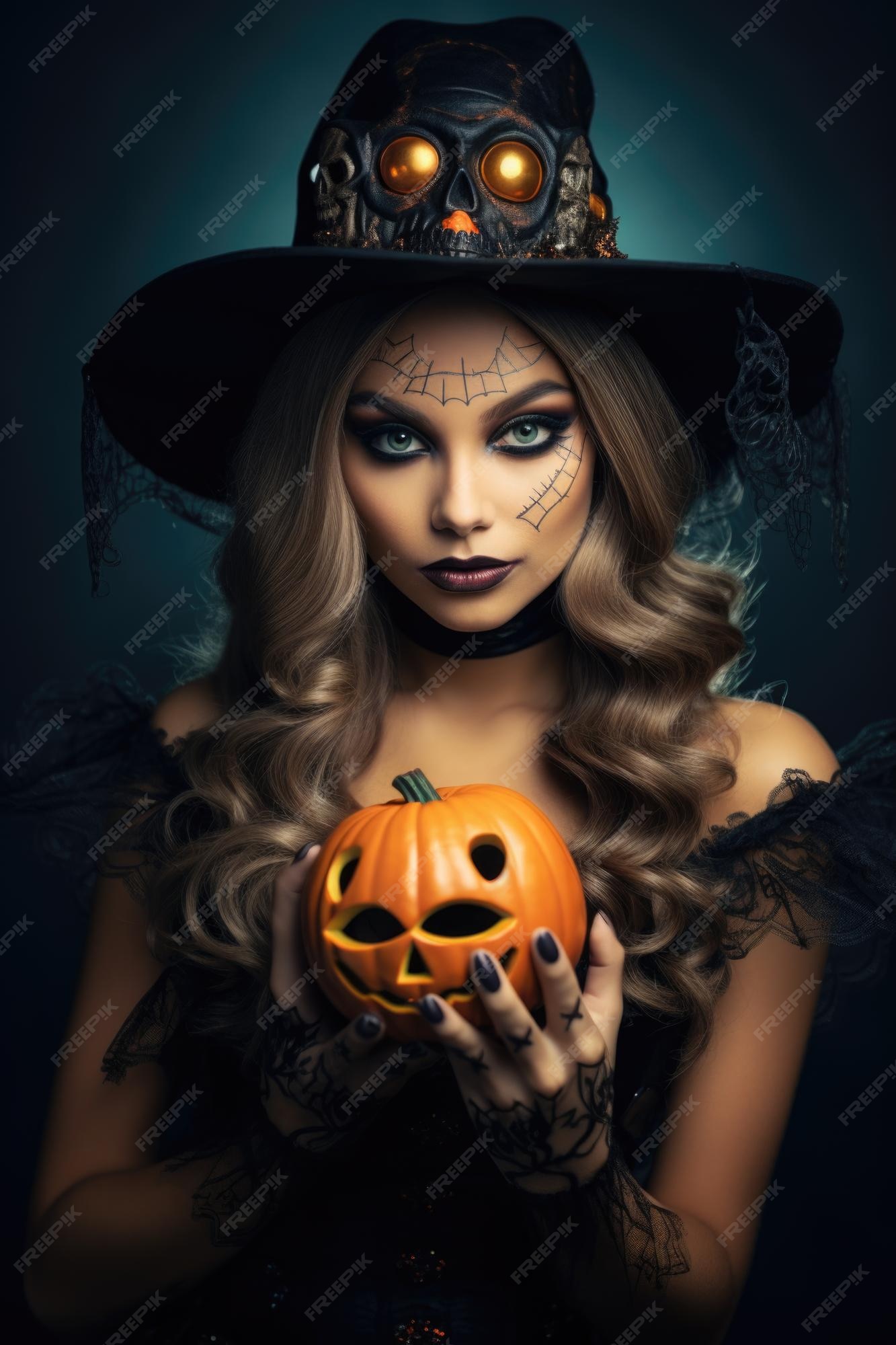 Jovem mulher bonita com maquiagem assustadora em fantasia de bruxa de  halloween usa bruxas