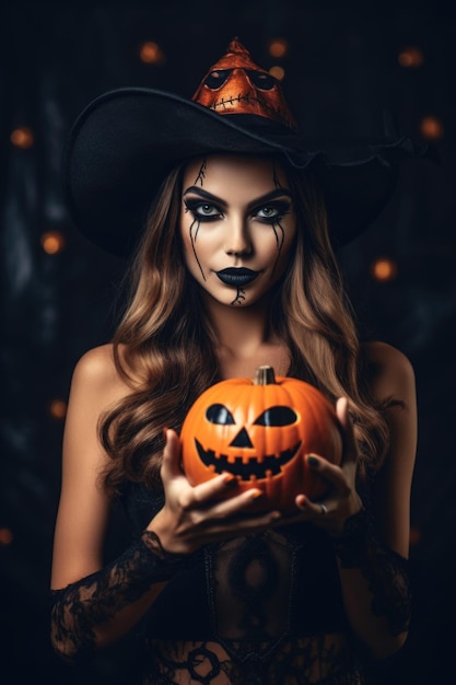 jovem mulher bonita com maquiagem assustadora em fantasia de bruxa de Halloween usa bruxas