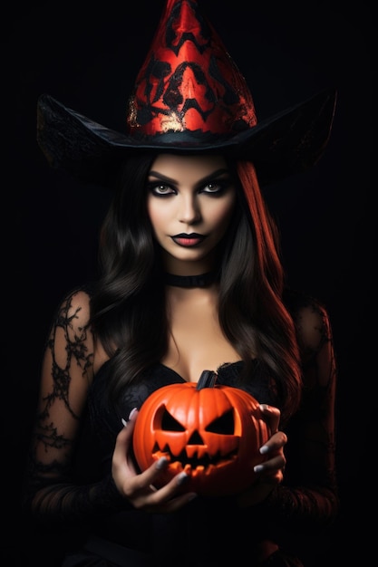 jovem mulher bonita com maquiagem assustadora em fantasia de bruxa de Halloween usa bruxas