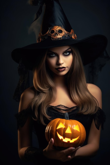 jovem mulher bonita com maquiagem assustadora em fantasia de bruxa de Halloween usa bruxas