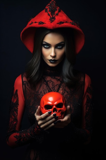 jovem mulher bonita com maquiagem assustadora em fantasia de bruxa de Halloween usa bruxas