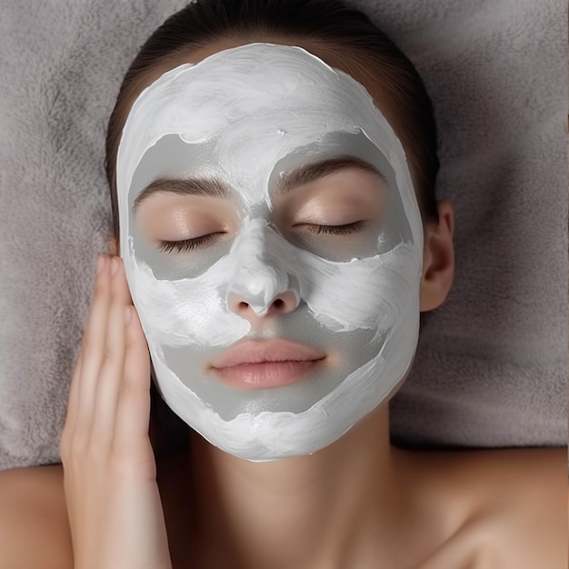 Jovem mulher bonita com máscara cosmética branca no rosto, deitada na cama