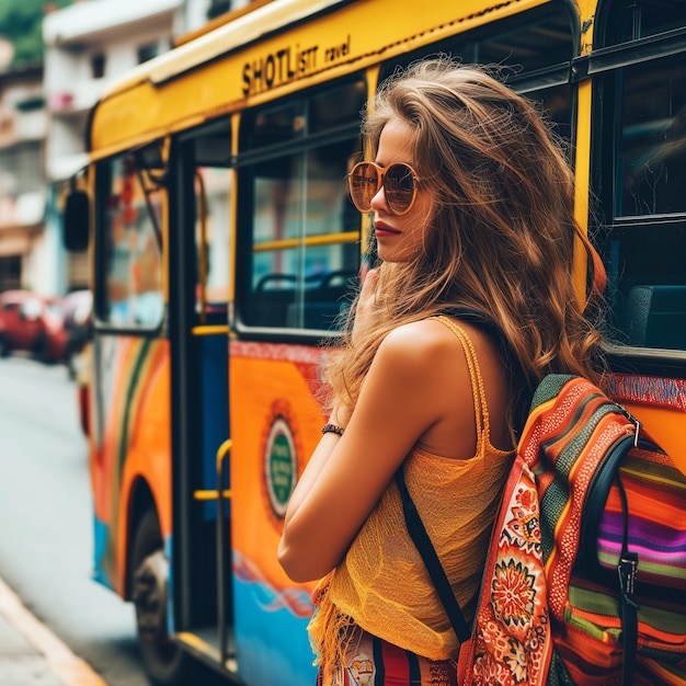 Jovem mulher bonita com óculos de sol e uma mochila no fundo de um ônibus