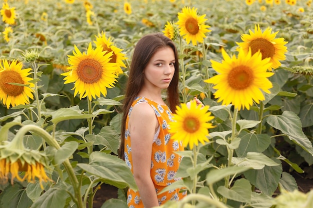 Jovem mulher bonita curtindo o verão, a juventude e a liberdade, segurando girassóis contra o céu azul. imagem tonificada.