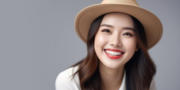 Foto jovem mulher bonita de aparência asiática usando um chapéu sorrindo em um pano de fundo cinza copiar bandeira espacial