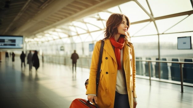 Jovem mulher bonita de férias para viajar no fundo do aeroporto