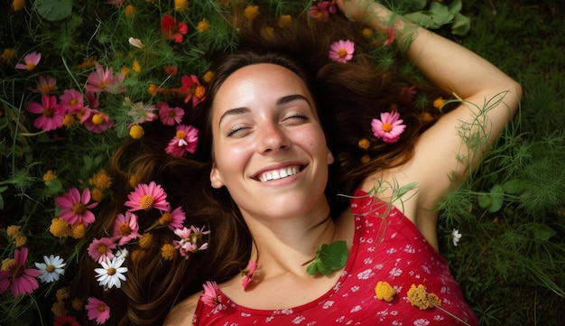 Jovem mulher bonita deitada em um campo cheio de flores de primavera Generative ai